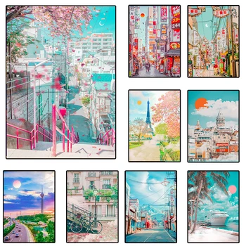  80-Те Града На Улица Пътуване Плакат Естетика Токио Париж Пейзаж Декоративна Живопис Монтаж На Стена Арт Декор На Началната Стая На Платното Плакати Подаръци
