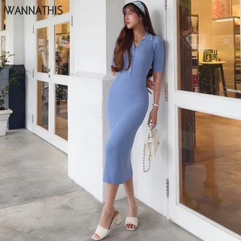  WannaThis Трикотажное женствена рокля с къс ръкав и отложным яка, сексуална дебнещ офис Дамско елегантно ежедневно модно макси-дрехи За жени от 2021