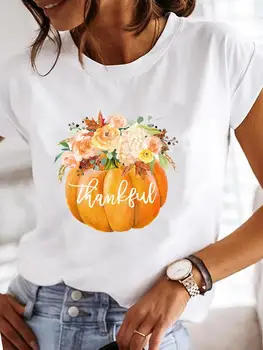  Дамски есен облекло за Хелоуин, Деня на Благодарността, есен облекло с цветя, тиква, дрехи за любов, дамски блузи, модни тениски с графичен принтом печат на тениски
