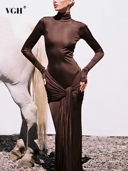  Жена дебнещ рокля VGH с едноцветните лоскутными плисета, яка стойка, дълъг ръкав, висока талия, плътно прилепнали секси рокли, новост дамска мода