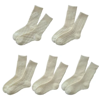  Женски Японски терлици От Изкуствена Вълна, Обикновена Зимни Чорапи В Ивица във формата на Диамант, Топли Дебели Чорапи със Средна Дължина