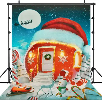  Коледна шапка Фон за дома Бонбони Зимния, Снежен човек Фон за снимки на Коледни Приказни фонове с елени за банер
