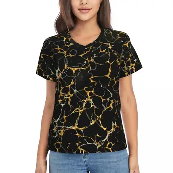  Модерна мраморна тениска, черно злато, Y2K, сладки тениски, дамски улични блузи с V-образно деколте, плажни дрехи с къс ръкав 2024 г., графична облекло