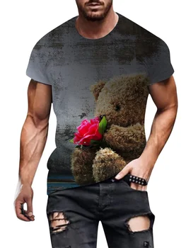 Мъжка лятна Риза с къс ръкав и 3D Принтом Little Bear Кукла, мъжки t-shirt, Модни Градинска Ежедневни Тениска С кръгло деколте, Голяма