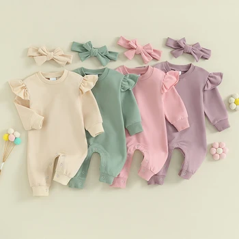  0-12 м, гащеризон за новородени момичета, пролет-есен облекло, монофонични гащеризон с волани с дълъг ръкав и превръзка на главата, комплект детски дрехи