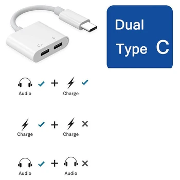 2 в 1 Двойна адаптер за слушалки Type C USBC конектор-сплитер AUX конвертор зареждане на аудио за Huawei Samsung Xiaomi