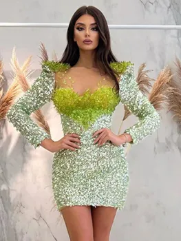  2023 Пролетни модни зелени прилепнали рокли за жени, бродирани с мъниста, лъскави, бляскави, вечер, клуб, обличам знаменитост