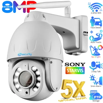  4K SONY 5X Оптично Увеличение WiFi PTZ IP Камера Външна 8MP 5MP Автоматично Следене на Сигурността Куполни Камери Цветно Нощно Виждане Метална Камера за Видеонаблюдение
