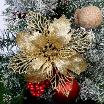  5 бр., Златни блестящи изкуствени цветя, коледна звезда, Коледни украси за Коледната елха, Венец, Венец, Цветя, подаръци, украса със собствените си ръце