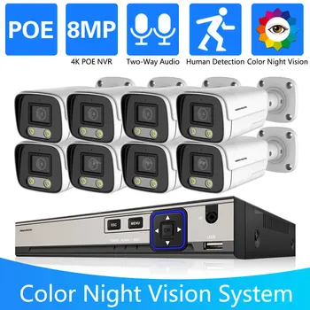  8-Мегапикселов POE NVR Комплект домашна охранителна система за сигурност на 8-канална външна пълноцветен камера за нощно виждане 4K 5-Мегапикселова камера за видеонаблюдение