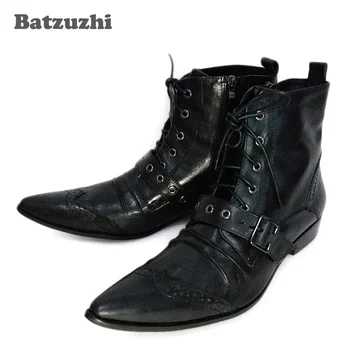  Batzuzhi/ Мъжки обувки в Римски стил, Кратки Мотоциклетни Ботуши С шнур и джапанки с катарама, Мъжки Военни Обувки С остри пръсти, Големи размери EU38-46