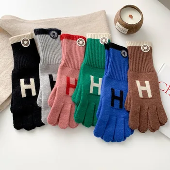  Crochet ръкавици от акрилни влакна, минимализъм, Обикновен Дамски ръкавици с писмото принтом, Дебели топли ръкавици