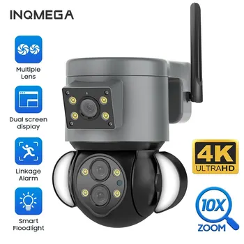  INQMEGA 8MP 4K IP Камера за Външен WiFi PTZ Трехобъективный Двоен Екран с 10-Кратно Увеличение, Автоматично Следене Водоустойчива Камера за Видеонаблюдение с RJ-45