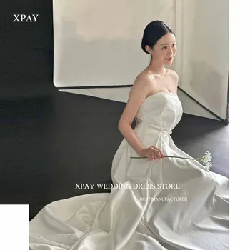  XPAY Прости булчинска рокля от мек сатен в корейски стил, За фотосесия, Сватбени рокли с корсет без презрамки отзад с дължина до пода