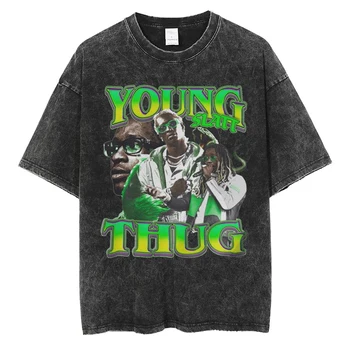  Young Thug Slatt на 90-те Ретро Тениска За Модерните Мъже И Жени В стил Хип-Хоп, Висококачествен Памучен Тениска Оверсайз, Реколта Черни Тениски С Къс Ръкав