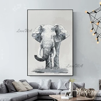  Абстрактна живопис с маслени бои със слон върху лененото платно в художествен стил, голям размер, мультяшное снимка на животно, на Едро, Евтин стенен плакат, без рамка