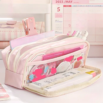  Бистра Розова чанта за моливи с голям капацитет, естетична Училищна чанта за моливи с цип, чанта за канцеларски материали, молив случай за химикалки, ученически пособия