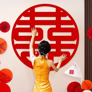  Големи китайски сватбени Червени стикери за стена от нетъкан текстил, дръжки на етикети, украса за спални, хол, лепенки за прозорци, етикети