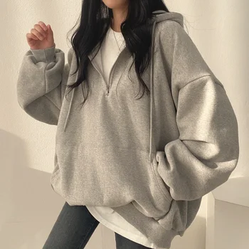  Дамски hoody Harajuku Корейската версия, однотонная hoody голям размер на мълния наполовина, дамски ежедневни палто с качулка и джобове, с дълъг ръкав.