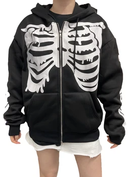  Дамски hoody с цип оверсайз Y2K Skeleton, украсени с пайети, hoody -естетичен пуловер за готика