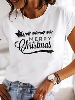  Дамски Модни Коледна Тениска С Къс Ръкав И Принтом, Скъпа Дрехи С Принтом, Празнична Риза, Дамски Коледни Графични Тениски