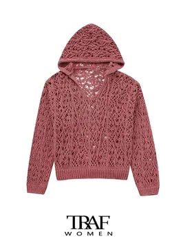  Дамски модни ТРАФИКА С завязками, пуловер отворена за оверсайз, Сексуална пуловер с качулка с дълъг ръкав, шик върховете
