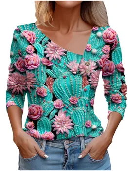  Дамски Пролетно-Есенна Нова тениска с наклонена деколте и дълги ръкави, Модни тениски с 3D Принтом Кактус и Цвете, Офис тениска За почивка