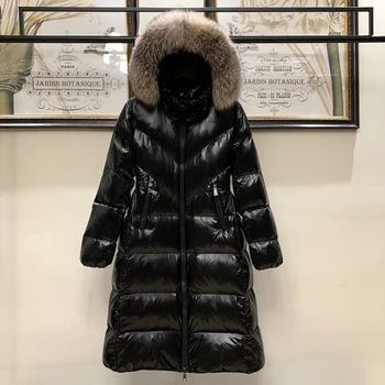  Дамско палто от гъши пух, Зимни Утепленная дълга naka яке с качулка от естествена кожа, Модерен Черен топло парк-пуховик