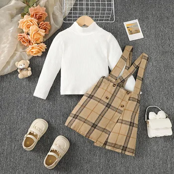  Есенното облекло за момичета от 2 теми, обикновена върховете в рубчик с дълъг ръкав и имитация на шията, пола в клетката на копчета, комплект детски дрехи