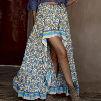  Женска пола BabYoung в бохемски стил с етнически цветисти принтом, високо-еластична талия, нередовна макси, плажни поли в стил бохо, дамски поли