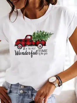  Женска тениска в клетка с изображение на дърво, модерно Коледно облекло за новогодишните празници, дрехи с графичен принтом, Тениска с къс ръкав, Дамски тениски