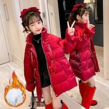  Зимни топли якета за момичета, модерно детско палто за деца от 4 до 14 години, изолирана паркове, Коледна червена горна дреха, тийнейджърката облекло