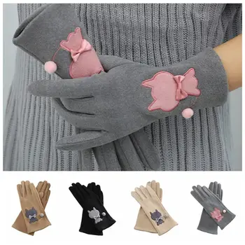  Зимните кадифени ръкавици с пет пръста, Плюшени ръкавици за шофиране със сензорен екран и лък, колоездене, ръкавици, топло улични ръкавици за колоездене