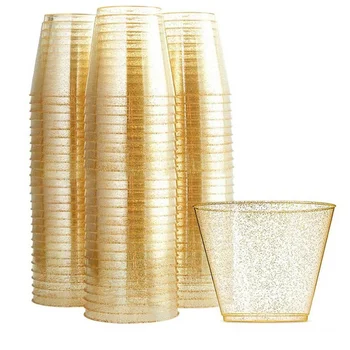  Златни пластмасови чаши Прозрачни пластмасови чаши за вино, модни за еднократна употреба на твърди пластмасови чаши със златен блясък за партита 25шт