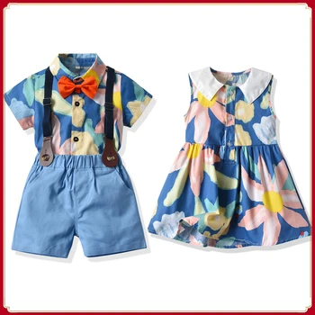  Комплект детски дрехи, подходящо облекло за момичета и момчета, рокля с цветен модел, подходящо облекло за сестри и брат за момичета, семейна снимка