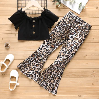  Комплект от 2 теми: памук съкратен топ Naia за момичета копчета и леопардовые разкроена панталони