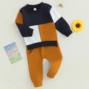  Комплекти панталон за новородени момчета, пролет-есен облекло контрастни цветове, блузи с дълги ръкави и панталони, дрехи за деца