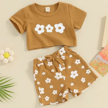  Къса комплекти за новородени момичета, летни дрехи от 2 теми, блузи и панталони на цветчета с къс ръкав, комплект детски дрехи
