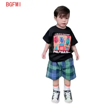  Летни дрехи за Деца 1-7 години, Тениска с къси ръкави За Момчета + Черен Гащеризон, Изпъстрен къси Панталони, Костюми-двойка, Спортни Костюми, Дрехи за Деца, Момчета