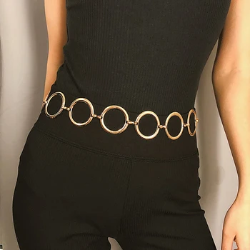  Луксозен Модерен женски колан с метална верига, Дизайнерски марка, Голям метален пръстен, колан, рокля, палто, пола, Женски декоративен колан