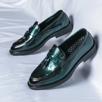  Луксозни Маркови Модела обувки С пискюли, Мъжки Обувки, Зелени Лоферы, Мокасини В Британския Стил, Сватбени обувки с Дебела подметка И Нисък Ток, Модельная Обувки