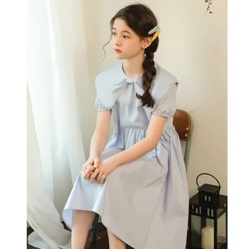  Лятото памучни дрехи за момичета в Корейски стил с перлата яка-лък, елегантни рокли за деца на 8, 10, 12, 13, 14 години
