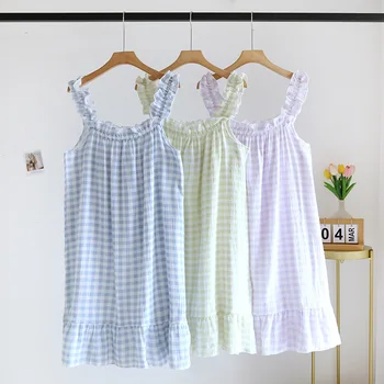  Лятото пижамное рокля за жените 2023 г. Памучни Каре газови нощници свободно намаляване без ръкави, Домашна нощница