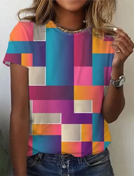  Модерен дамски тениски с разноцветни графичен 3D-принтом, лятна тениска с къс ръкав, дрехи от полиэстерового влакна голям размер