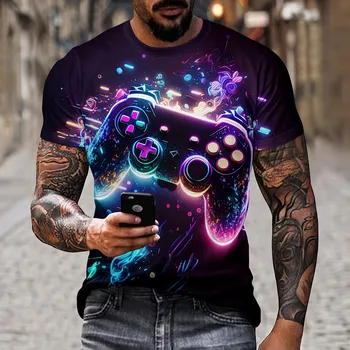  Мъжки артистичен цветен забавна игра контролер, тениска с изображение, splice линии, 3D печат, всекидневни модерен pe с къс ръкав