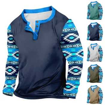  Мъжки градинска реколта тениска с V-образно деколте и копчета, с модерна спортна тениска с дълъг ръкав, от висок клас пуловер с прости модели, camisas de hombre