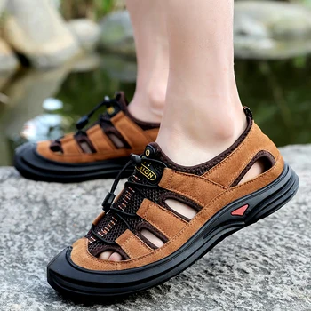  Мъжки летни сандали от естествена кожа, удобни ежедневни сандали без закопчалка, модерен мъжки zapatillas hombre, размер 38-46, Треккинговый туризъм