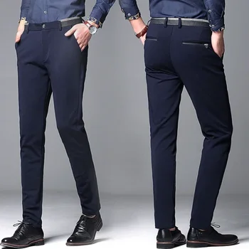  Мъжки модел, панталони против бръчки, високи еластични панталони ежедневни костюмные панталони, мъжки прав дебнещ официално панталон-молив, черен, син
