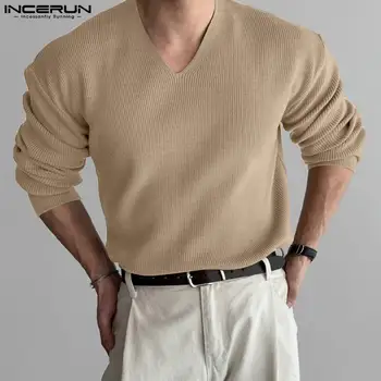  Мъжките Пуловери Однотонного Цвят С V-образно деколте И Дълъг Ръкав, Възли Корейски Ежедневни Мъжки Пуловери, Градинска Модни Дрехи за Мъже на S-5XL INCERUN