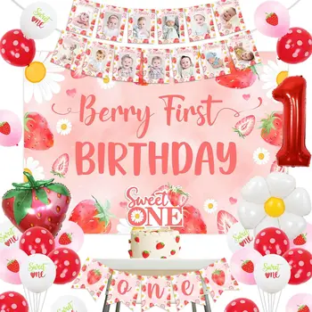  На фона на декор за парти по случай първия си рожден ден с ягоди и маргариткой Банер за столче за хранене за хранене Снимка Банер Berry Sweet One Cake Topper